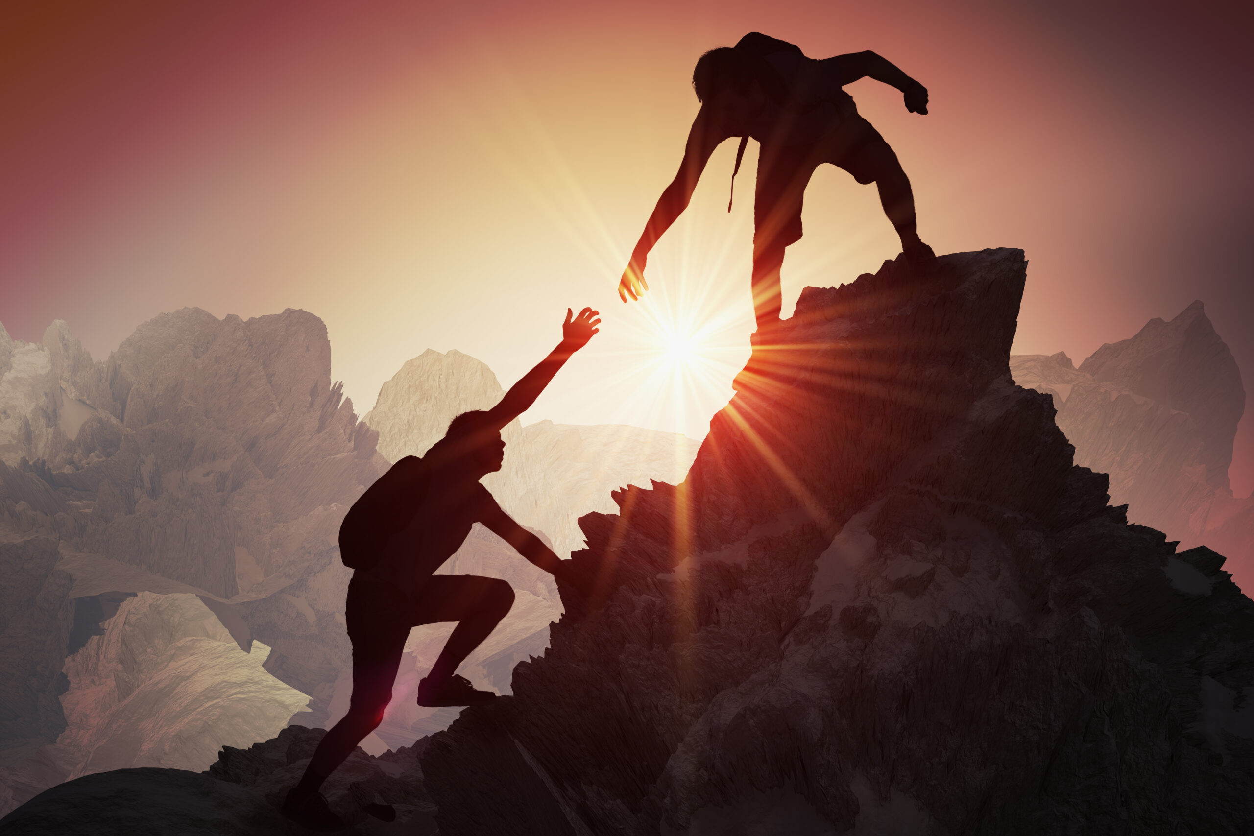 Help,And,Assistance,Concept.,Silhouettes,Of,Two,People,Climbing,On Two hikers